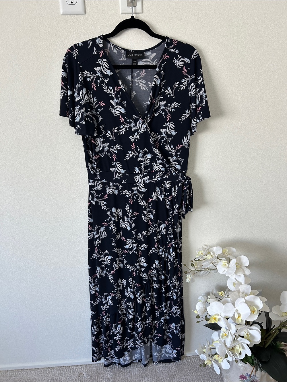 Lane Bryant Navy Floral Wrap-Style Midi Dress